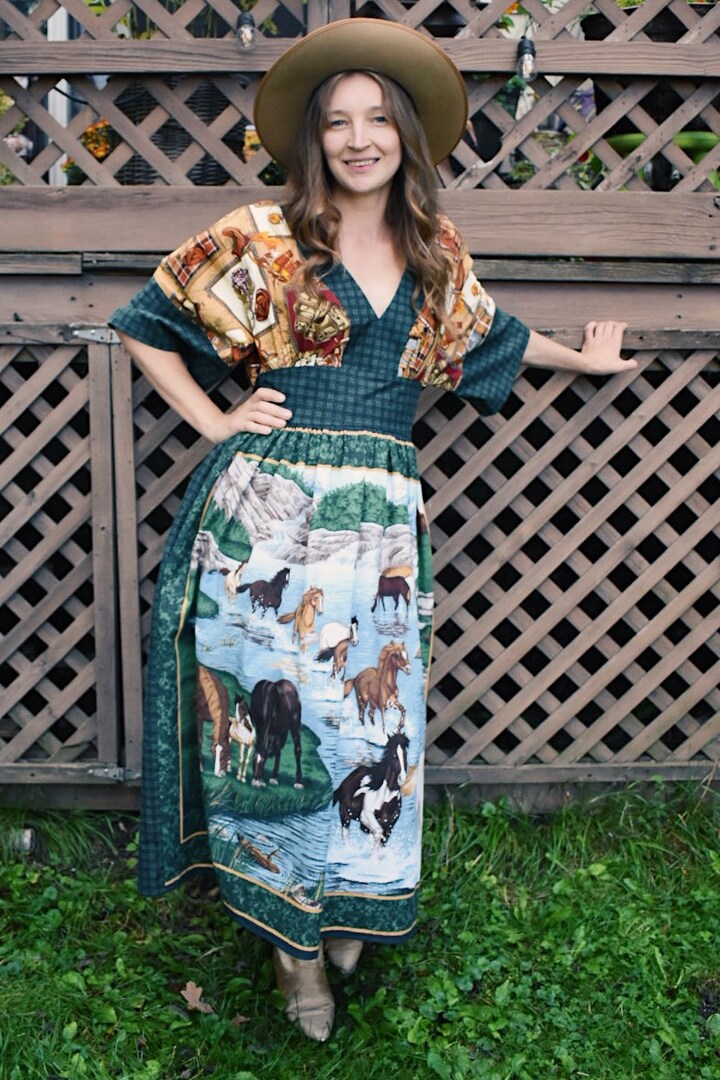 Running Horses Vintage Cotton Fabric Panel Kimono Sleeve Midi Dress | MakerPlace by Michaels Running Horses Vintage Cotton Fabric Panel Kimono Sleeve Midi Dress | MakerPlace by Michaels